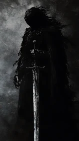 Silhouetted dark knight rendered with high contrast chiaroscuro lighting