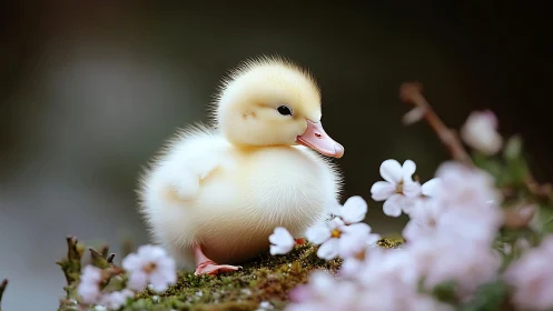 Fluffy duckling on moss with soft pink spring blossoms.