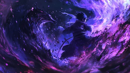 Chakra storm combatant amid fractal violet energy surge.