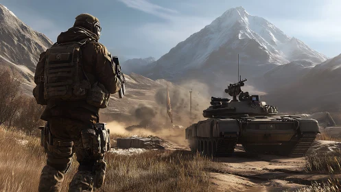 Soldier and armored tank advance through dry mountain valley