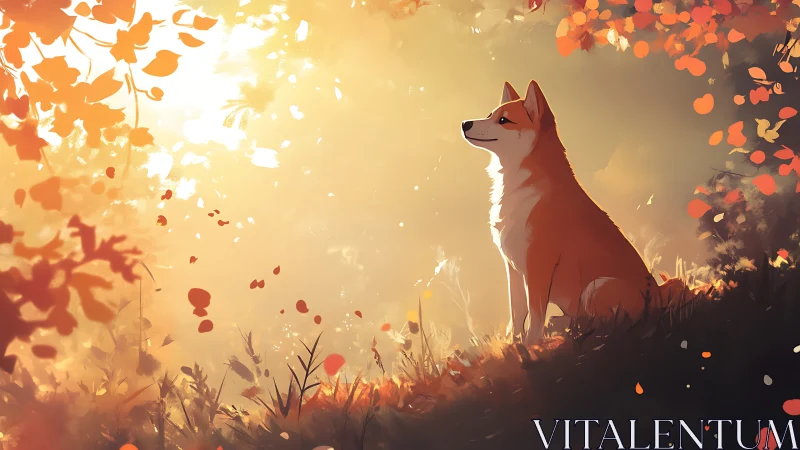 Dog sitting in warm autumn forest light, peaceful scene.