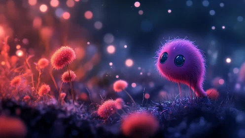 Fluffy dusk wanderer trades starlit glances with glowing blooms