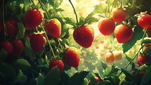 Sunlit strawberries glow softly in a lush summer garden