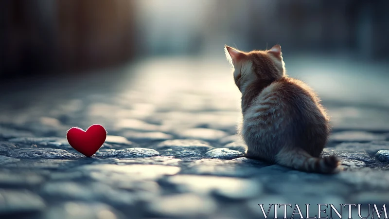 White Kitten Discovers Red Heart on Cobblestone