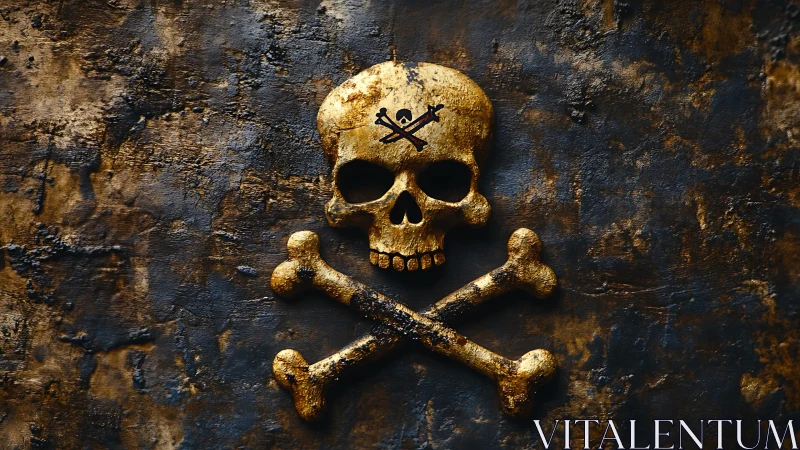 Gilded pirate skull emblem on weathered midnight metal wall.