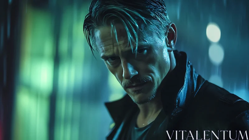 Brooding man stands under neon rainlit city glow at night