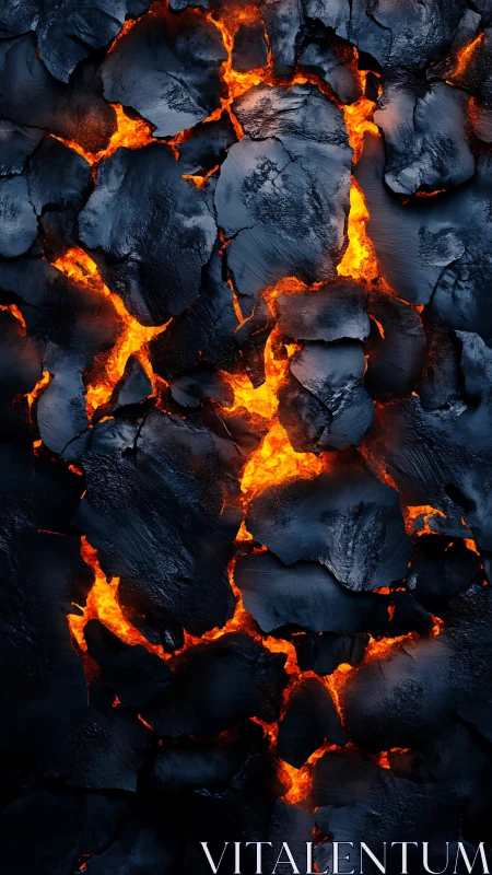 Lava flows through charred volcanic rock, burning at extreme temperatures.