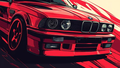 Red BMW sports coupe surges forward with stylized motion