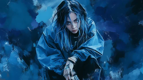 Chromatic blue portrait with moody atmospheric brush dynamics.