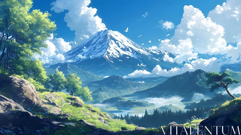 Sunlit alpine valley below towering snowcapped mountain peak.