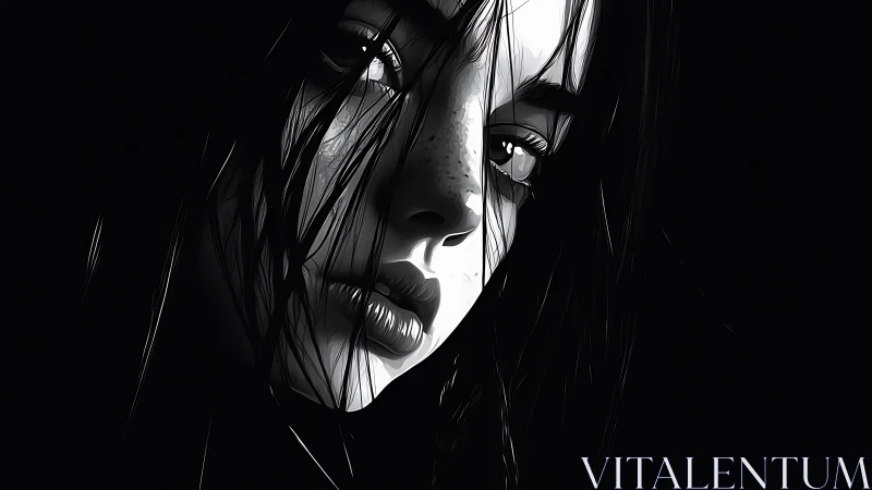 Monochrome digital portrait shows young woman in shadow