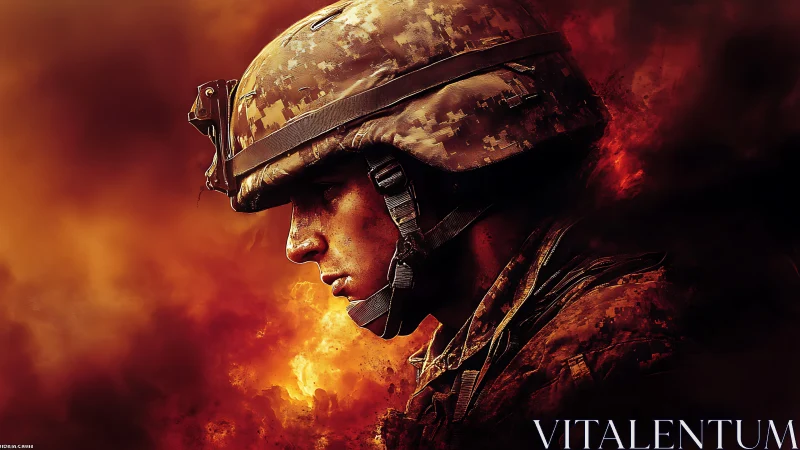 Profile view of modern soldier against fiery backdrop.