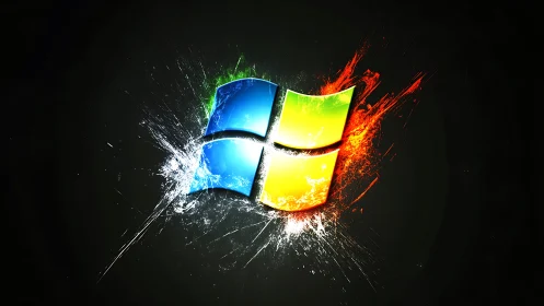 Color-splashed window logo bursting from the dark.