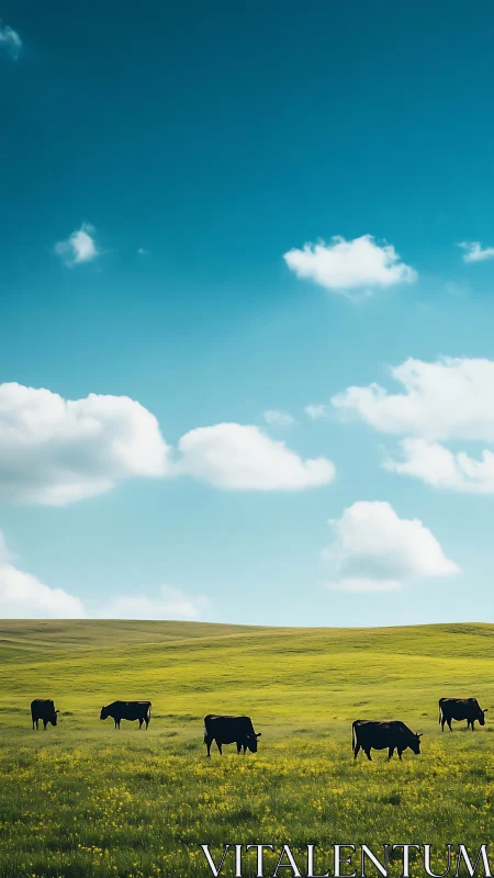 Cows graze on rolling green hills under vivid blue sky.