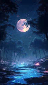 Luminescent Moon Above Bioluminescent Forest Stream.