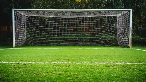 Empty soccer goal on green grass field with netting detail.