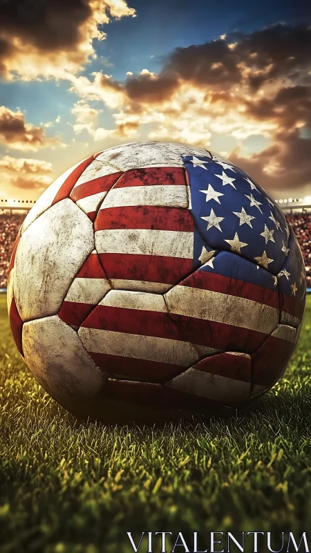 Weathered soccer ball with American flag panels on pitch