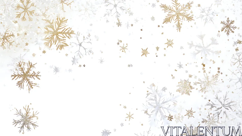 Gold and silver glitter snowflakes drift across white space