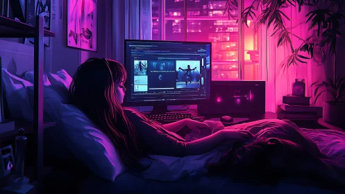Neon-lit bedroom workstation in cinematic digital painting style.