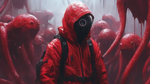 Masked wanderer confronts red alien horrors in toxic fog