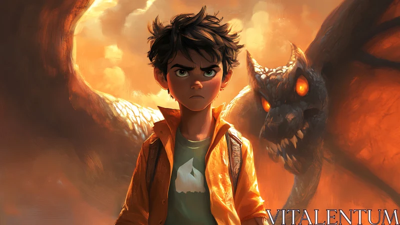 Defiant boy confronts fiery dragon in blazing sunset storm.