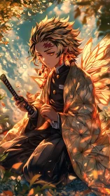 Sword-bearing youth in autumn light with glowing wings.