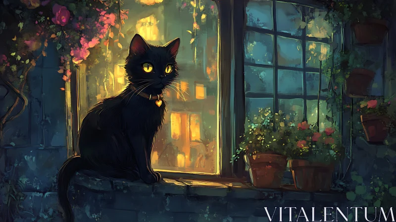 Black cat on windowsill observes interior building scene through glass