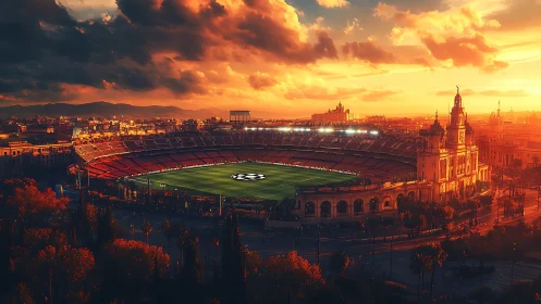 Sunlit football stadium in dense historic city at sunset.