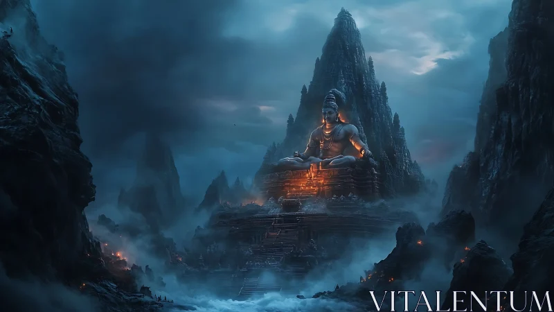 Colossal mountain deity temple amid stormy blue mist.