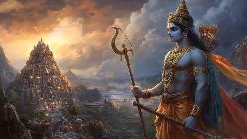 Divine warrior deity guards luminous temple at stormy dusk