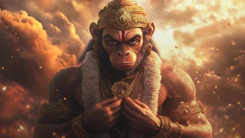 Mythic monkey warrior grips pendant under stormlit sky