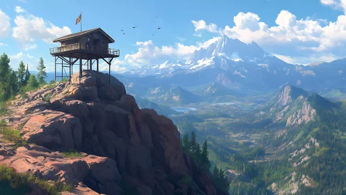 Elevated mountain watchtower in panoramic digital landscape painting.