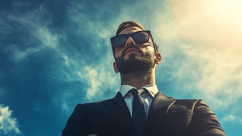 Confident businessman in suit under dramatic sunny sky.