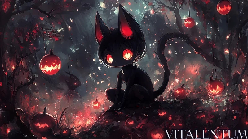 Cat-like silhouette in red lit forest with carved pumpkins.