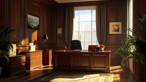 Executive wood-paneled office interior with large desk.