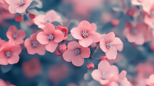Delicate Pink Blossoms Dancing in Soft Blue Dreamscape