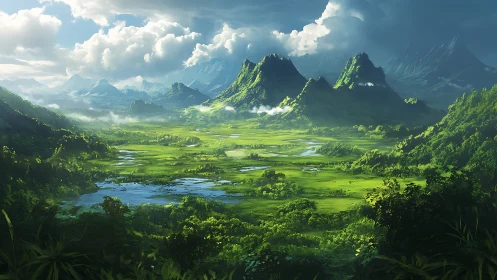 Emerald valley dreaming beneath cloud crowned mountains.