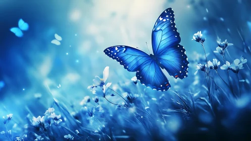 Luminous blue butterfly drifts through a dreamy twilight meadow
