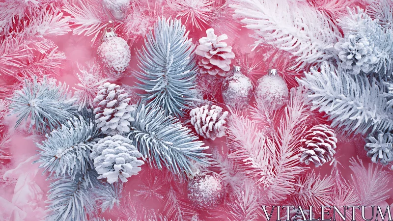 Frosted pine branches on pastel pink festive backdrop.