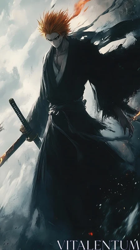 Orange haired swordsman stands in tattered robe with katana