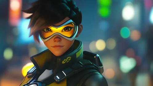 Cyber-hero portrait renders neon-lit streets in stylized 3D