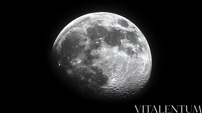 High-contrast lunar hemisphere in telescopic monochrome study.