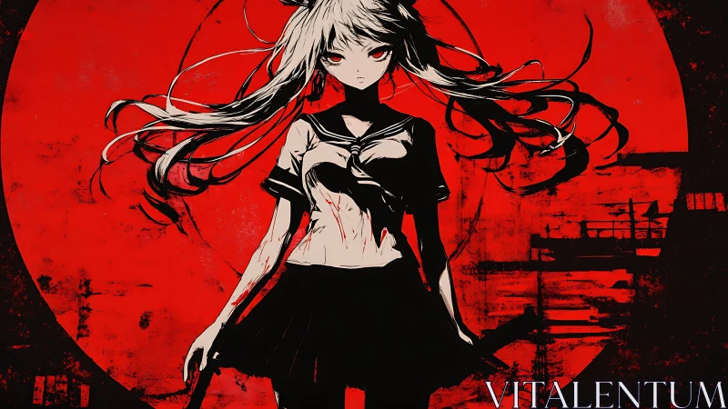 High-contrast anime girl silhouette against distressed red sun backdrop