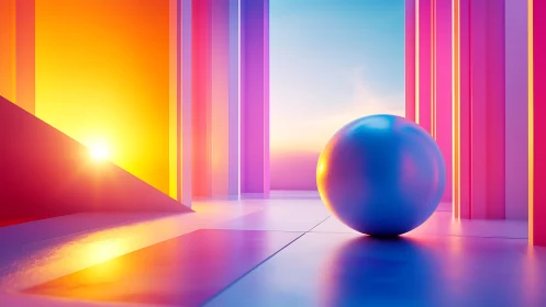 Iridescent sphere in neon sunset architectural corridor.