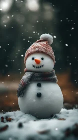 Snowman in knitted hat under soft falling winter snow.
