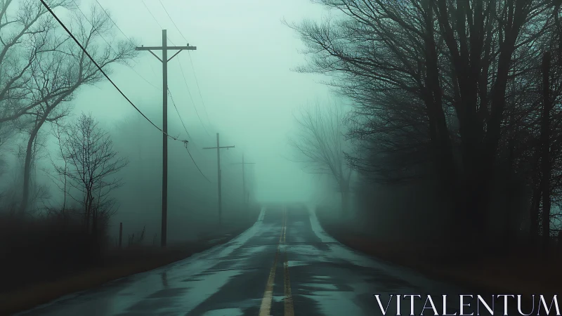 Quiet asphalt river slips into a teal-drenched winter fog