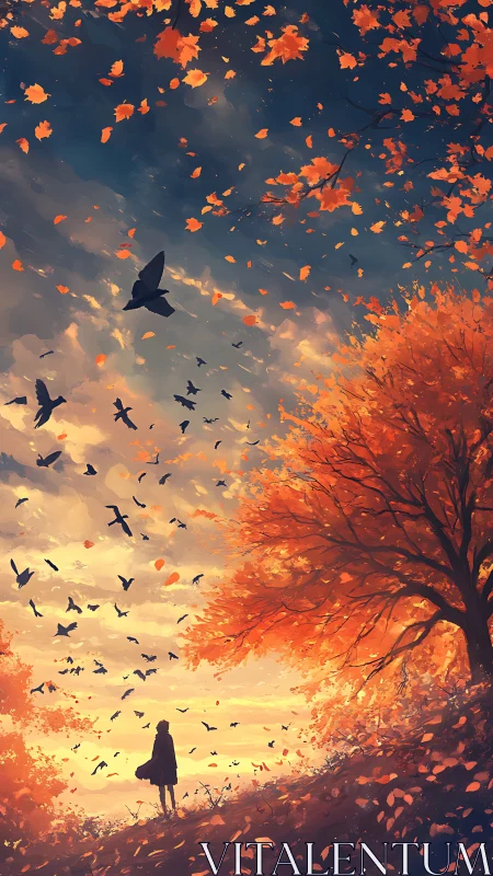 Quiet autumn hillside with birds dancing in evening sky.