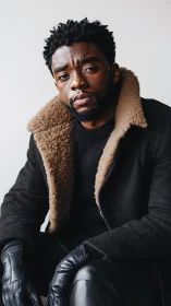 Winter gaze steadies beneath a shearling-framed resolve