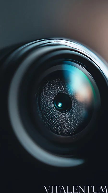 Macro closeup on camera lens glass with teal reflections.