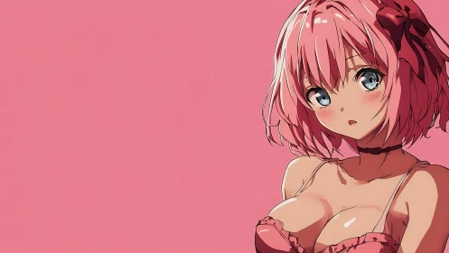 Anime portrait with pink monochrome background composition.